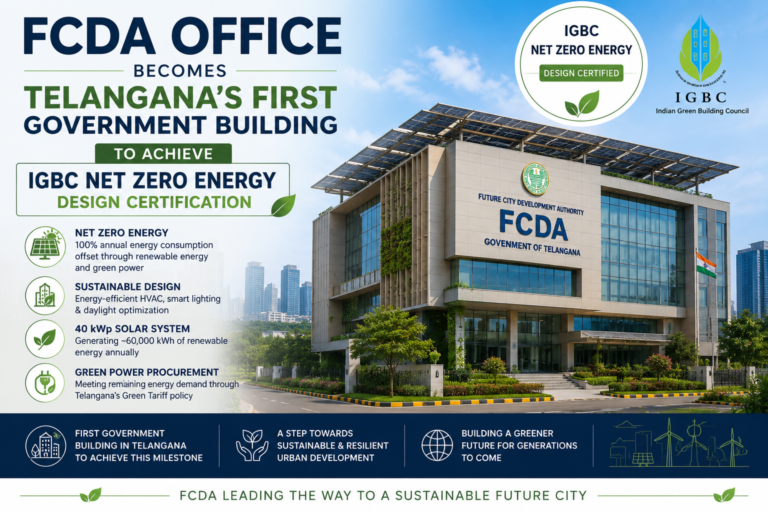 FCDA Office Building in Telangana achieving IGBC Net Zero Energy Design Certification with rooftop solar panels, sustainable architecture, and green infrastructure.