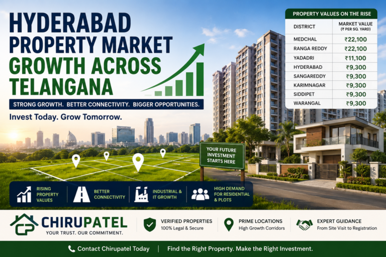 Hyderabad property market growth across Telangana showing rising property values, investment opportunities, residential developments, and high-growth real estate corridors.
