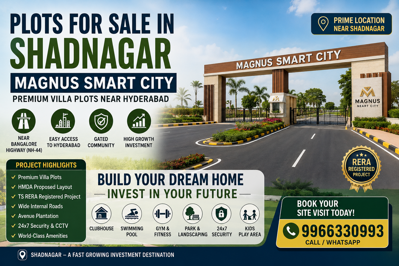 Magnus Smart City premium villa plots for sale in Shadnagar near Hyderabad with gated community amenities and investment opportunities.