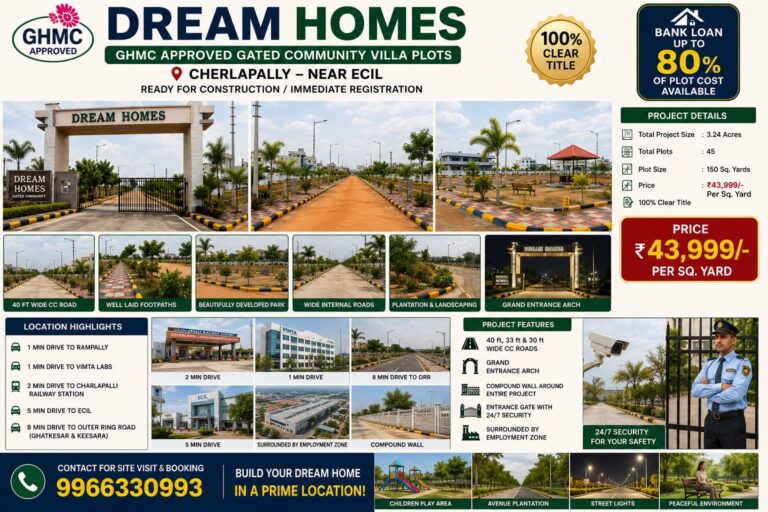 DREAM HOMES GHMC approved villa plots in Cherlapally near ECIL Hyderabad featuring gated community infrastructure, premium roads, and residential development.