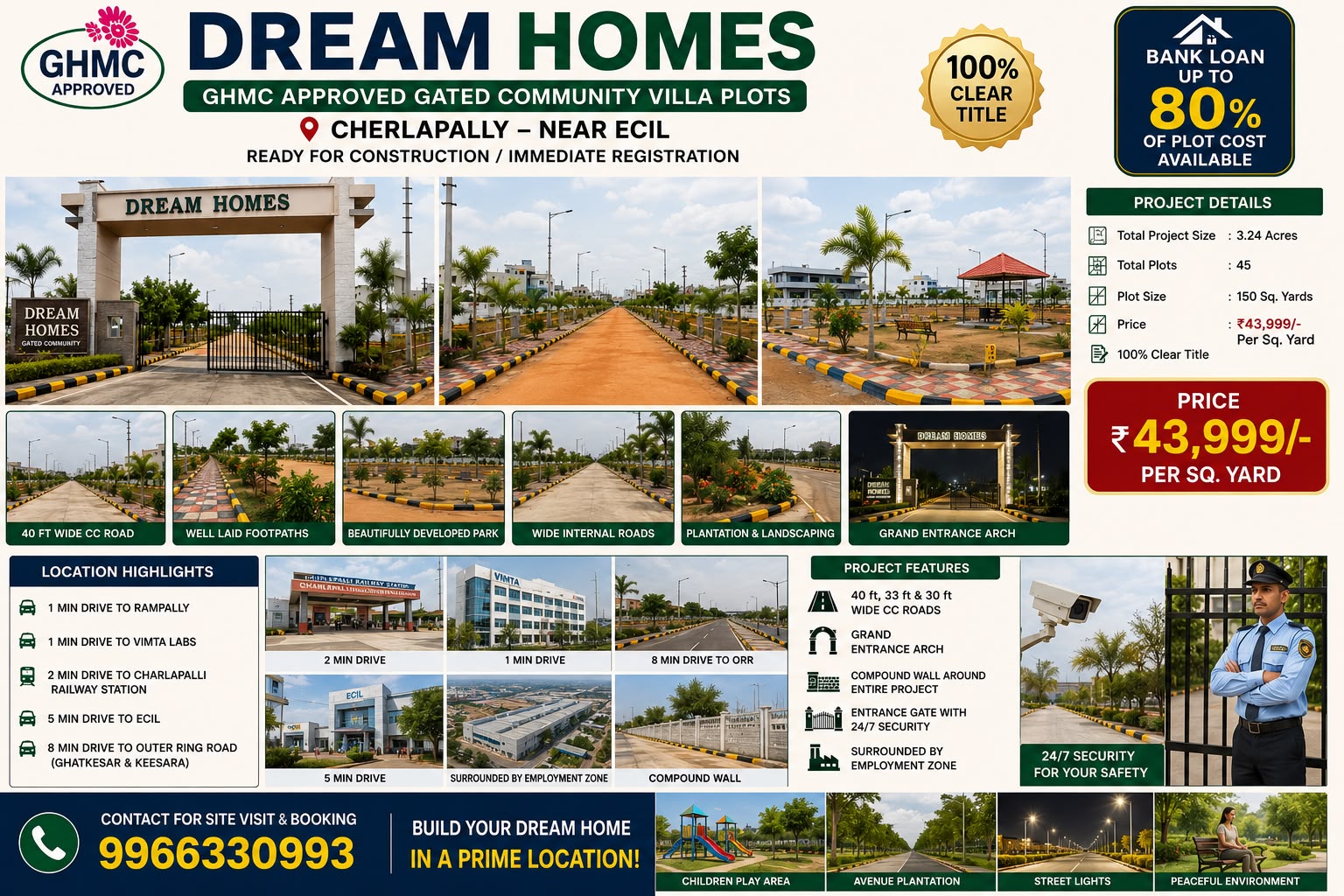 DREAM HOMES GHMC approved villa plots in Cherlapally near ECIL Hyderabad featuring gated community infrastructure, premium roads, and residential development.