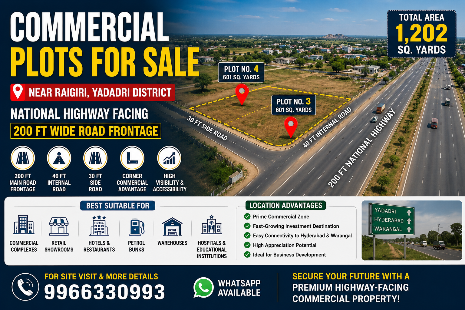 Premium commercial plots for sale near Raigiri in Yadadri District with direct 200 ft National Highway frontage and excellent investment potential.